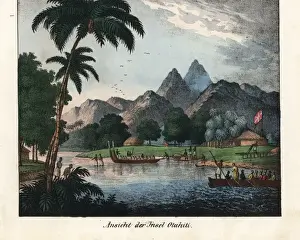 Canoe Prints: View of the island of Tahiti showing natives