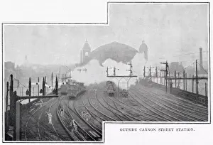 A view from just outside Cannon Street Station, London, with steam trains arriving