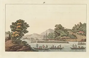 Freight Prints: View of a large timber raft on the Rhine near Godesberg Castle