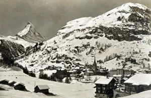 Images Dated 4th March 2020: View of Matterhorn, Zermatt, Switzerland, snow-covered scene. Date: circa late 1930s