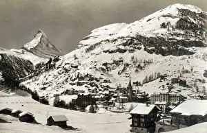Cervin Prints: View of Matterhorn, Zermatt, Switzerland, snow-covered scene. Date: circa late 1930s