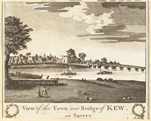 Mid 18th Century Prints: View of the original Kew Bridge, and Kew town, mid-18th century