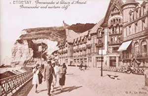 Etretat Prints: A view of the promenade at Etretat and the Eastern Cliff