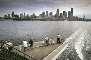 Skyscrapers Prints: View of Seattle, USA, from a ferry crossing Elliott Bay