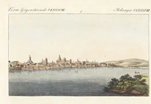 Carl Bertuch Prints: View of the town of Mainz on the Rhine, Germany, 1800s