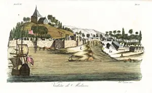Malaysia Prints: View of the town of Malacca, Malaysia, circa 1800
