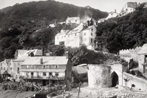 Clovelly Prints: View of village of Clovelly from the quay, Devon, England