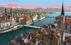 Switzerland Gallery: View of Zurich and distant alps, Switzerland