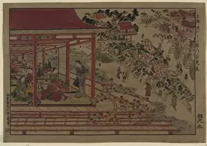 Ueno Prints: Viewing cherry blossoms from the bank of a pond at Ueno