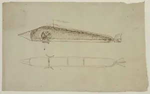 Propellers Prints: Two views of an airship shaped like a long tube with a point