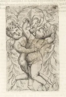 Ignatio De Lazari Prints: Vignette with two putti holding garlands of laurel leaves under