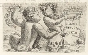 Ignatio De Lazari Prints: Vignette of two putti in laurel crowns holding an ouroboros over