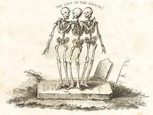Vignette of three skeletons on a gravestone