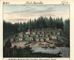 Canoes Prints: Village on Vancouver island, Canada, houses and canoes