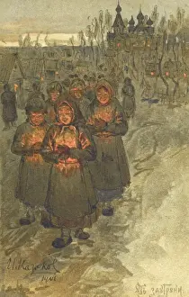 Lighted Prints: Villagers with candles return from Matins service