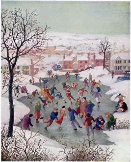 Sep23 Prints: Villagers enjoy skating on their local pond in the depths of winter