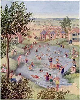 Sociable Prints: Villagers enjoy swimming in their local pond on a hot summer's day