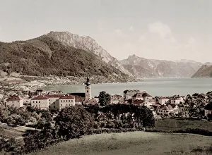 Vintage 19th century / 1900 photograph: town and lake, Gmunden, Austria Vintage 19th century / 1900 photograph: town and lake, Gmunden, Austria