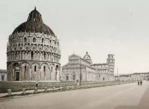 Vintage 19th century photograph: Baptistery, Duomo and Leaning Tower of Pisa, Italy