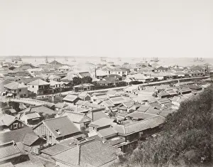 Vintage 19th century photograph: bay and city of Yokohama Japan, c