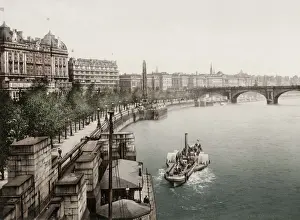 Vintage 19th century photograph: boat along the River Thames Embankment, London