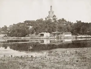 Vintage 19th century photograph: Buddhist stupa and lake, Peking, Beijing, China