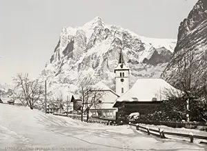 Vintage 19th century photograph: church Grindelwald, Wetterhorn mountain, in the snow