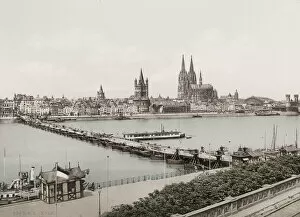Vintage 19th century photograph: city of Koln, Cologne, pontoon bridge of baots