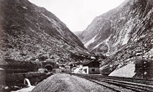 Vintage 19th century photograph - entrance to the St Gotthard tunnel, railway line