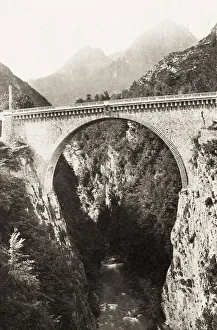Vintage 19th century photograph - The Napoleon bridge, Luz Saint Sauveur, Hautes Pyrenees