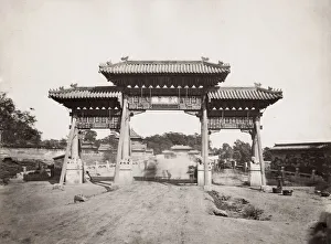 Vintage 19th century photograph: Pailou, paifeng, and street, Peking, Beijing, China
