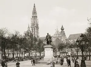Vintage 19th century photograph: Place Verte and Cathedrasl, Anvers, Antwerp, Belgium