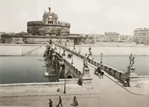 Vintage 19th century photograph: Ponte and Castel Sant Angelo, River Tiber, Rome Italy