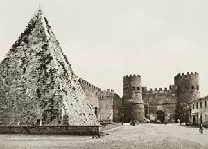 Vintage 19th century photograph: Pyramid of Cestius. The Porta San Paolo (San Paolo Gate