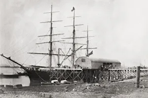 Vintage 19th century photograph: ship at iron wharf, scaffolding, Rangoon, Burma, Yangon Vintage 19th century photograph: ship at iron wharf, scaffolding, Rangoon, Burma, Yangon