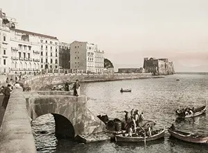 Vintage 19th century photograph: street and waterfront with boats, Naples, Napoli, Italy