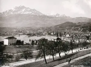 Lucerne Prints: Vintage 19th century photograph - town and lake of Lucerne and Mount Pilatus