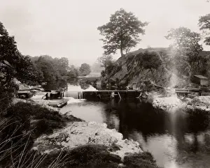 Vintage 19th century photograph - United Kingdom - castle hill and river weir, Rhayader