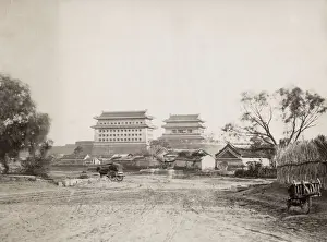 Vintage 19th century photograph: Unusual view city walls and gate, Peking, Beijing, China
