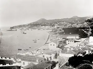 Vintage 19th century photograph: Waterfront view Madeira, Portugal, boats and beach