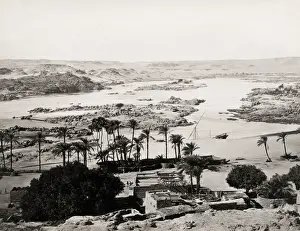 Vintage 19th century photograph: wide angle view of the River Nile, cataracts, Egypt