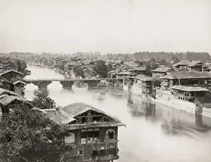 Vintage 19th century photograph: wooden bridge over the River Jhelum, Srinagar