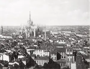 Cityscape Prints: Vintage late 19th century photograph - rooftop view of Milan showing the cathedral, Duomo