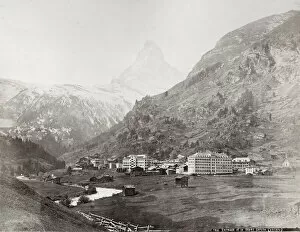 Glacier Gallery: Vintage late 19th century photograph - village of Zermatt and Mont Cervin Palace Hotel