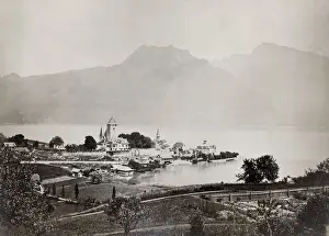 Vintage late 19th century photograph - village of Spietz on the shore of Lake Thun, Switzerland