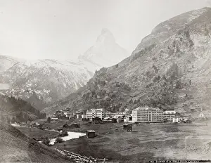 Cervin Prints: Vintage late 19th century photograph - village of Zermatt and Mont Cervin Palace Hotel