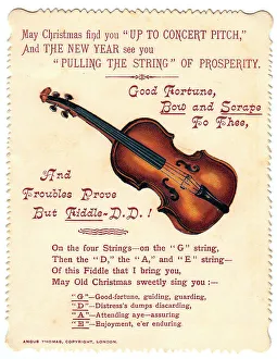 Violin with comic verse on a Christmas and New Year card