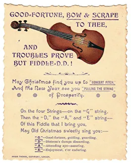 Violin with comic verse on a Christmas and New Year card