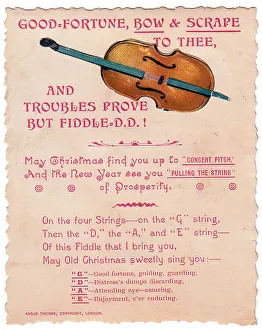 Violin with comic verse on a Christmas and New Year card