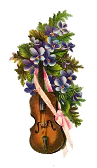 Violins Prints: Violin with purple flowers on a Victorian scrap